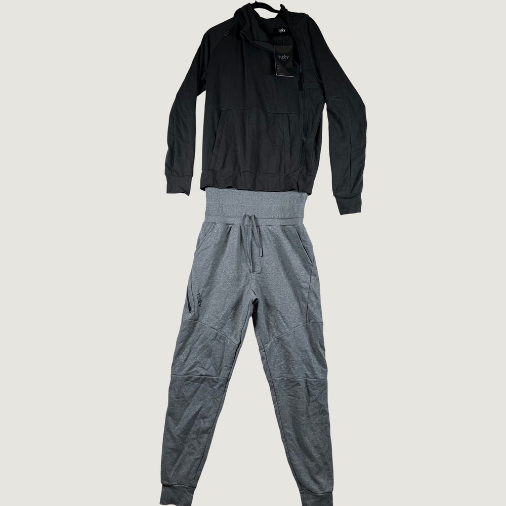 NWT Tuxy Jumpsuit Sweat Suit Mens M Black Gray One Piece Lounge Hoodie Joggers